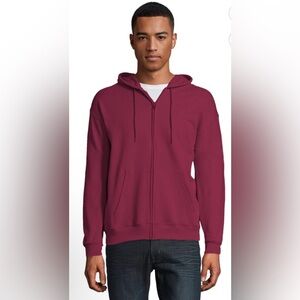 HANES Mens Zipped Front Hoodie Size Small Burgundy Light Fleece Lining New